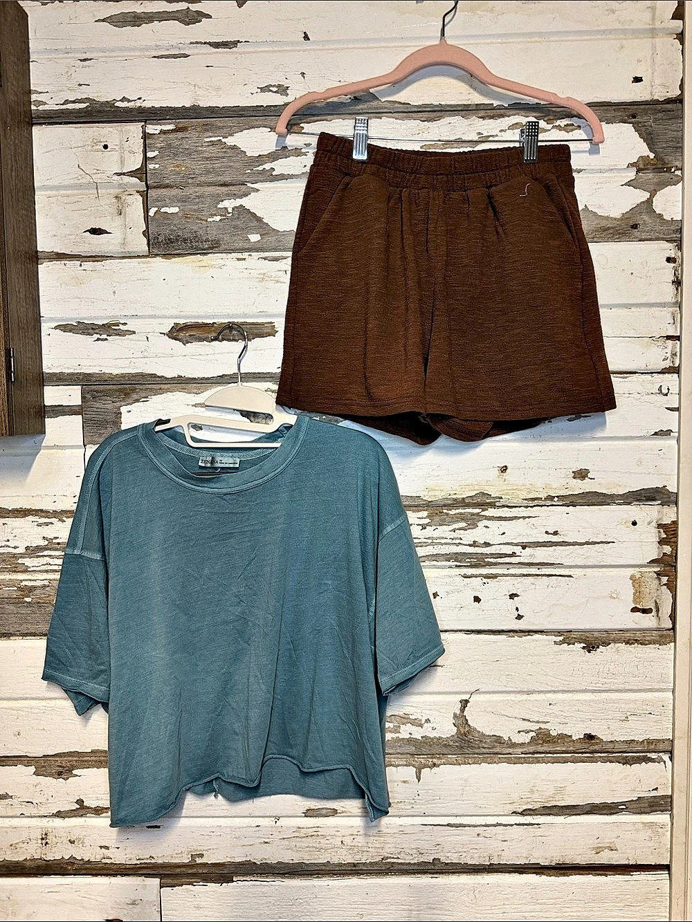 ZENANA Matching Top & Shorts Set in Blue & Brown Size Medium((031